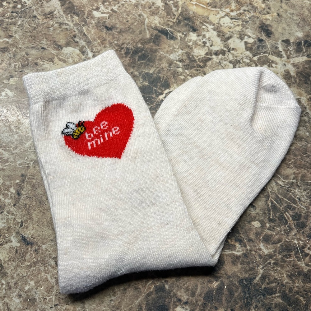 White Socks with Red Heart 'Bee Mine' Design